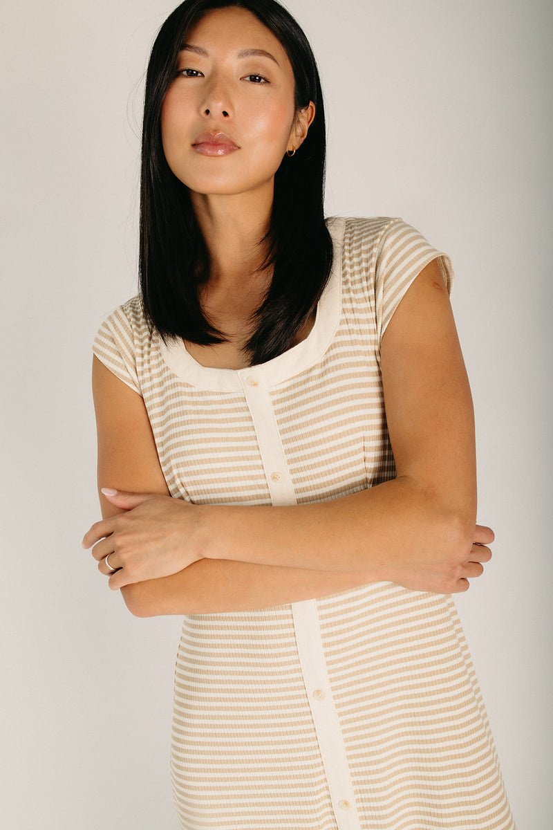 cream midi dress women The Norwich Ribbed Midi Dress in Cream + Taupe Medium