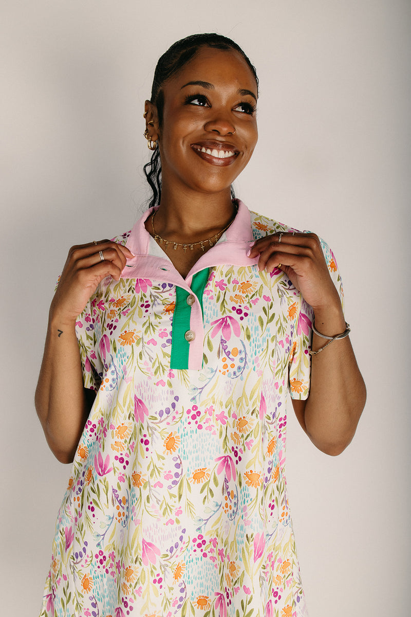 The Quintera Mock Neck Shift Dress in Pink + Green Floral 2X-Large The Quintera Mock Neck Shift Dress in Pink + Green Floral 2X-Large