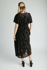 The Raven Velvet Textured Midi Dress in Black