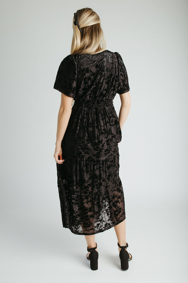 The Raven Velvet Textured Midi Dress in Black
