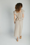 The Stacy Polka Dot Peplum Midi Dress in Taupe + Brown