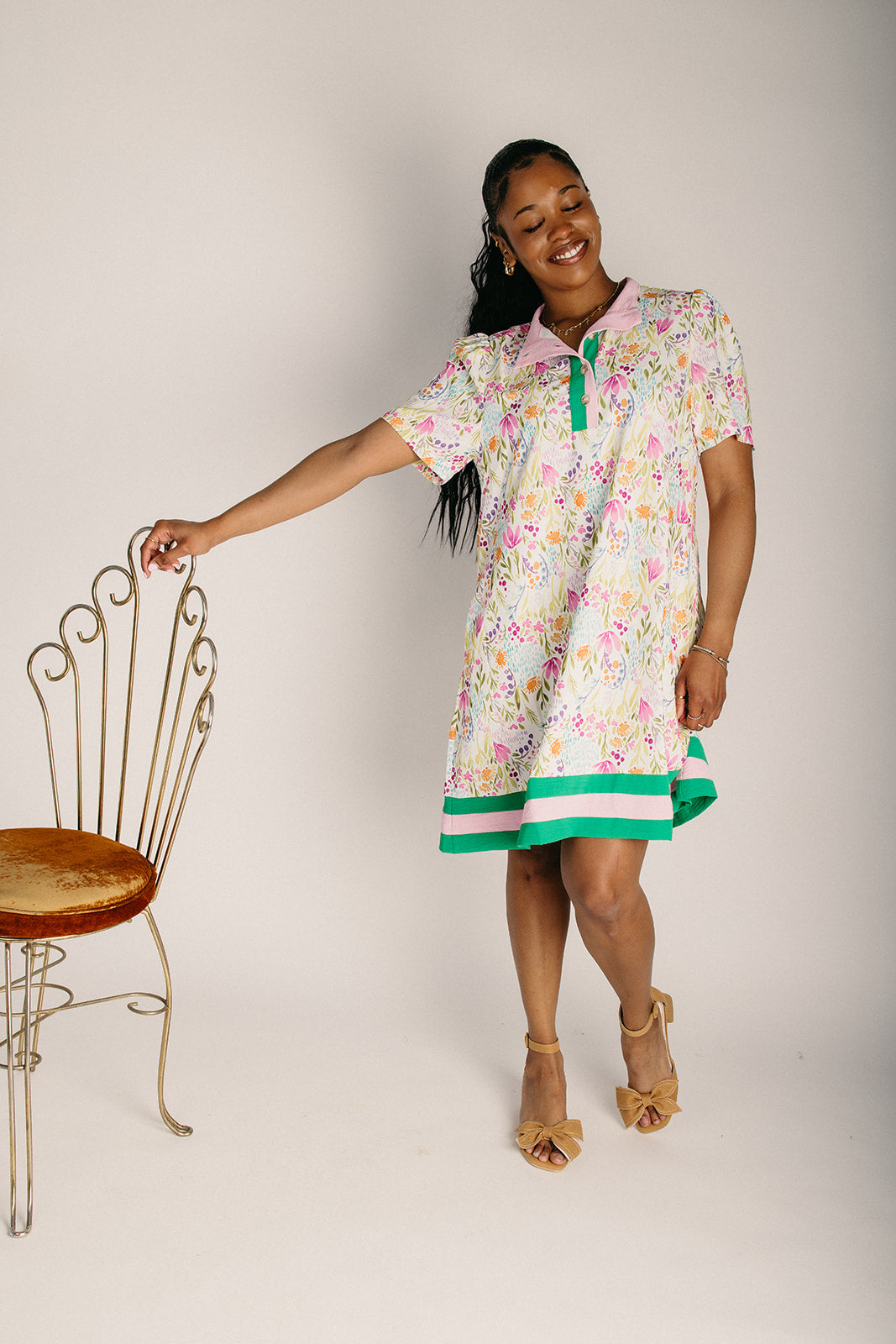 The Quintera Mock Neck Shift Dress in Pink + Green Floral Small