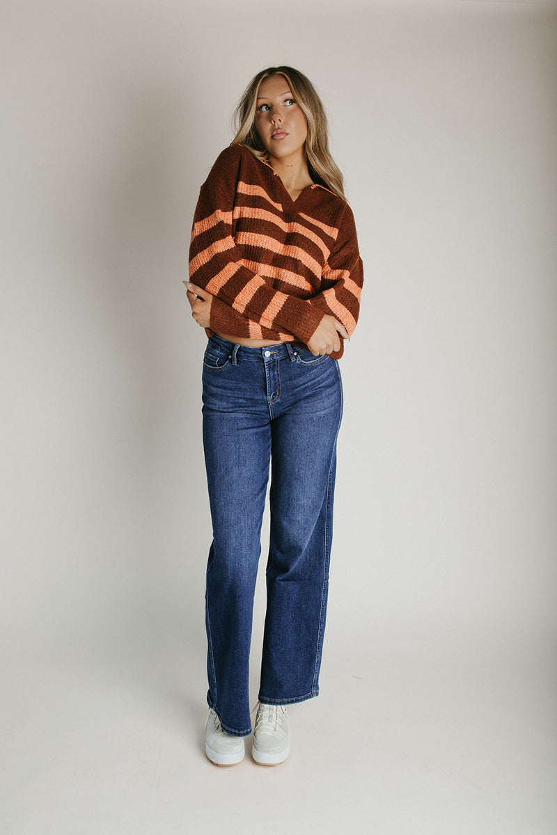 The Samoza Striped Collared Sweater in Brick + Terracotta