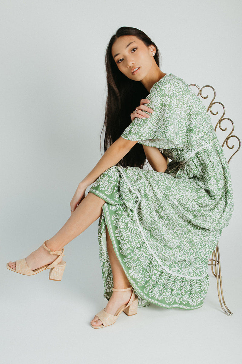 The Novak Flutter Sleeve Midi Dress in Palm Green