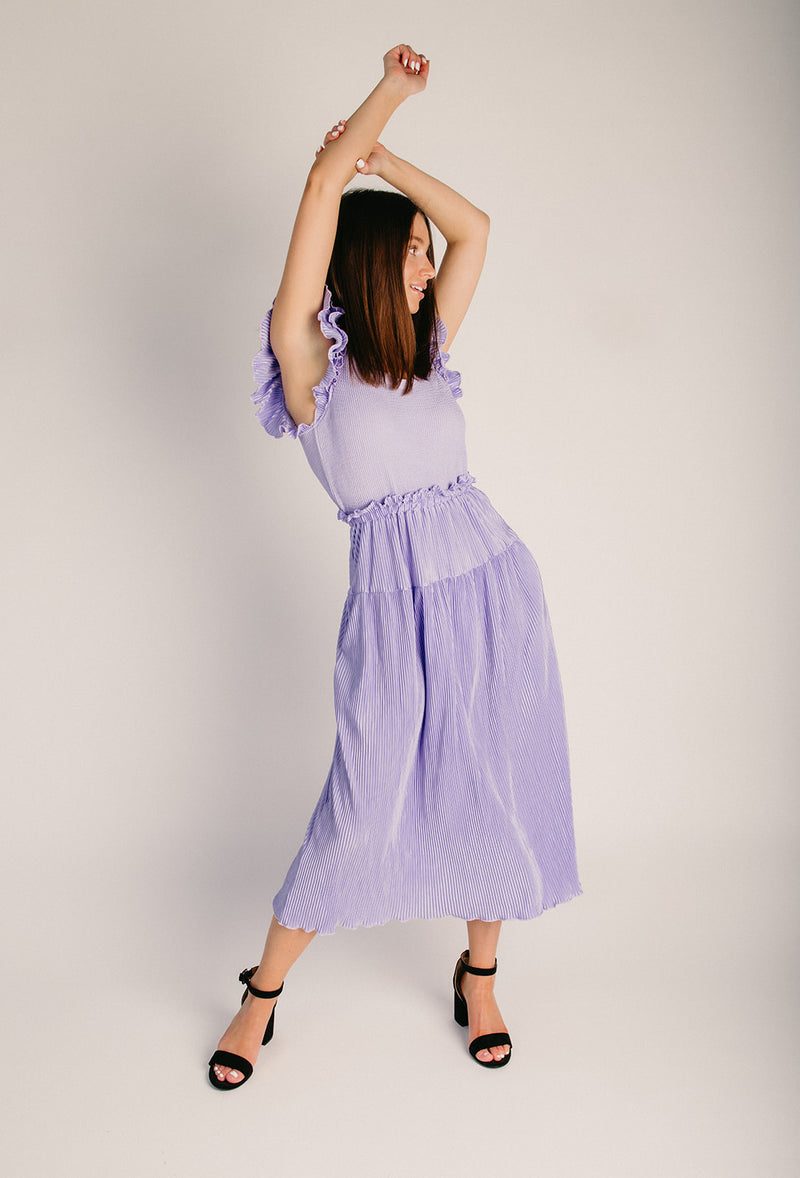 midi purple dress The Swensen Textured Midi Dress in Lavender Large