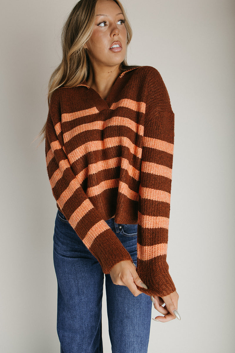 The Samoza Striped Collared Sweater in Brick + Terracotta