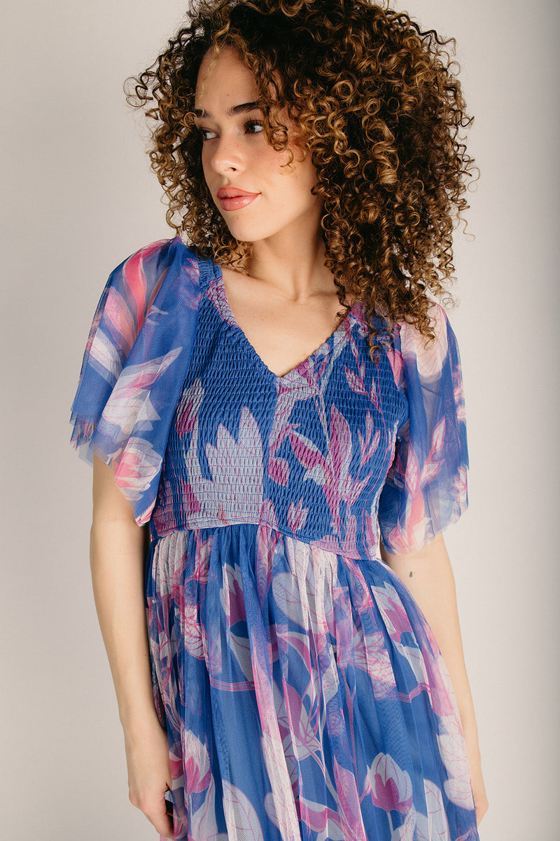 The Vela Smocked Detail Midi Dress in Blue Floral  Piper & Scoot