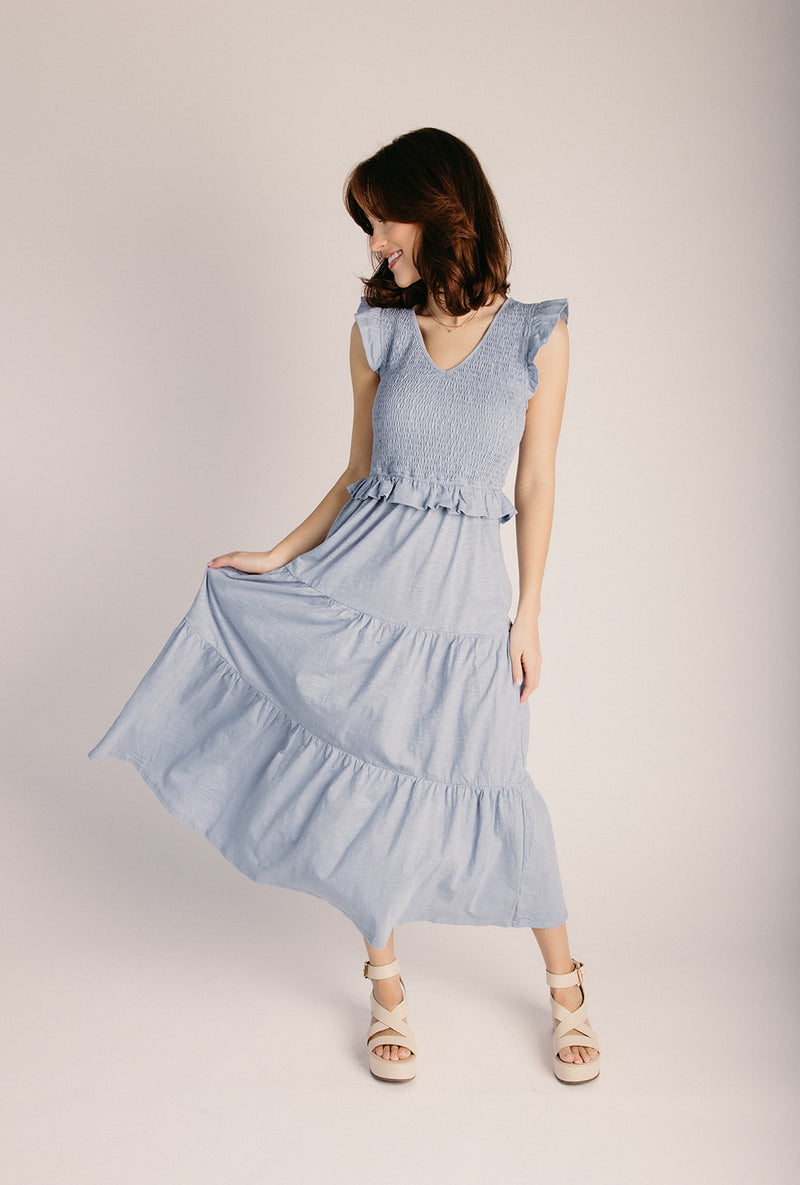 The Renfrow Smocked Midi Dress in Dusty Blue – Piper & Scoot