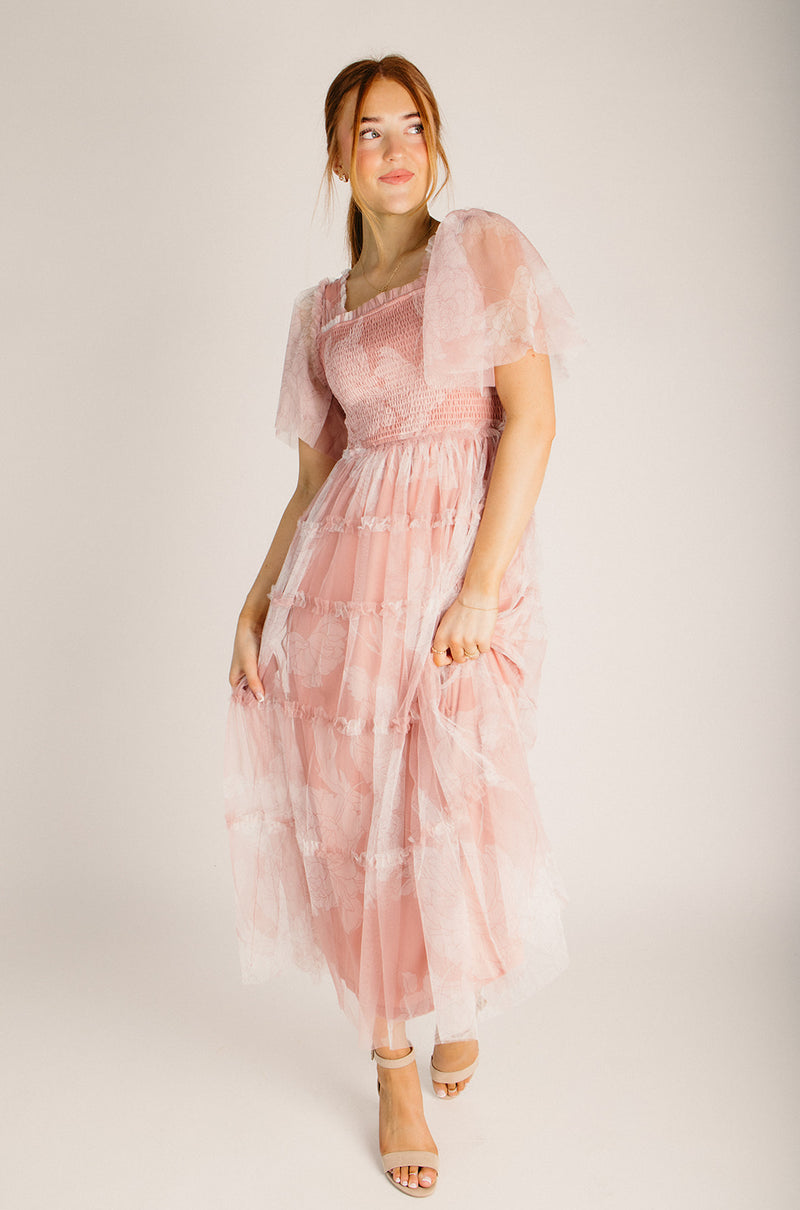 The Sunstrom Floral Ruffle Midi Dress in Pink Blush Medium