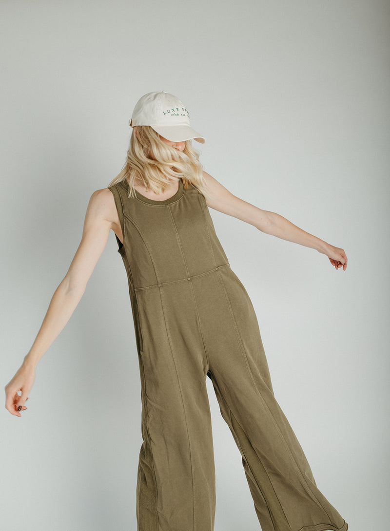 The Bandela Wide Leg Tank Overall in Olive
