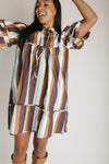 The Farwell Puff Sleeve Dress in Brown Stripe