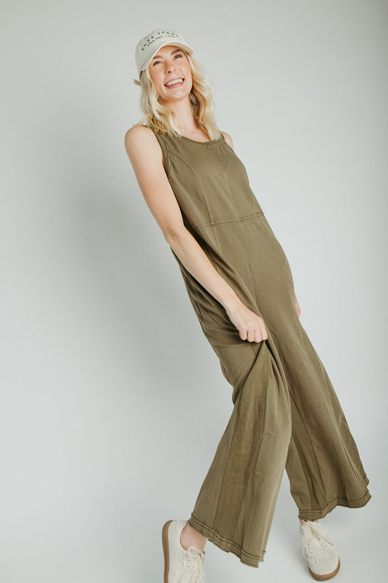 The Bandela Wide Leg Tank Overall in Olive