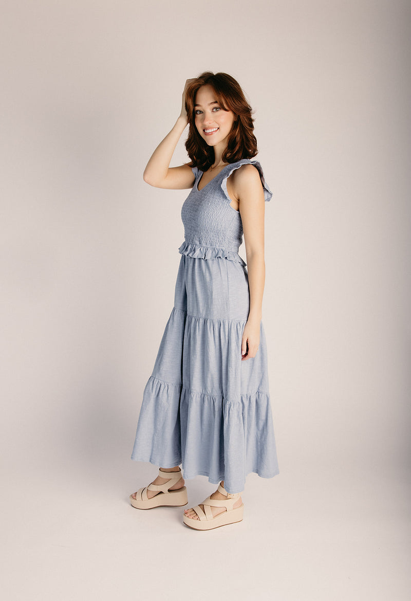 dusty blue midi dress The Renfrow Smocked Midi Dress in Dusty Blue Medium