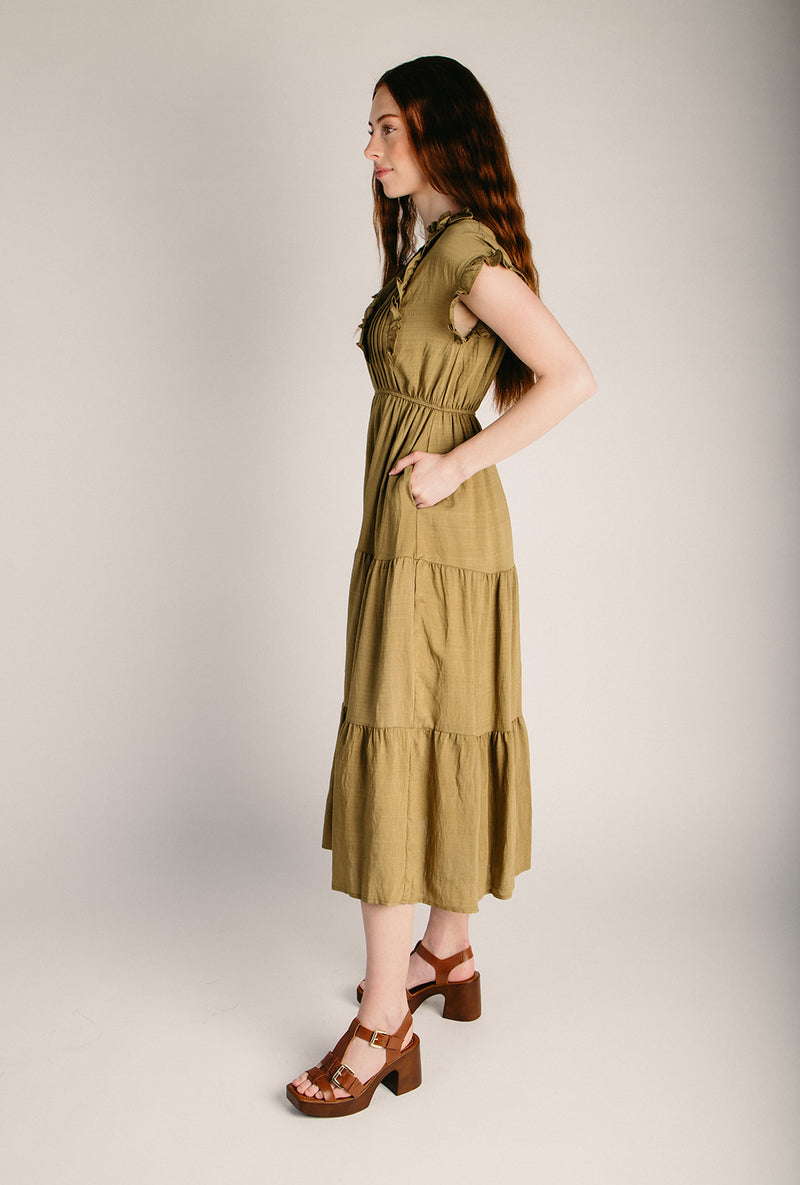 The Jennifer Tiered Midi Dress in Olive Khaki Large The Jennifer Tiered Midi Dress in Olive Khaki Large