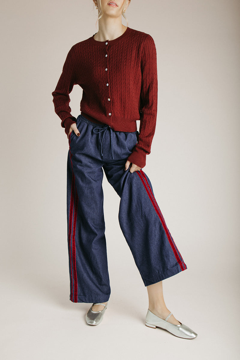 The Octavia Velvet Side Tape Wide Leg Pant in Denim