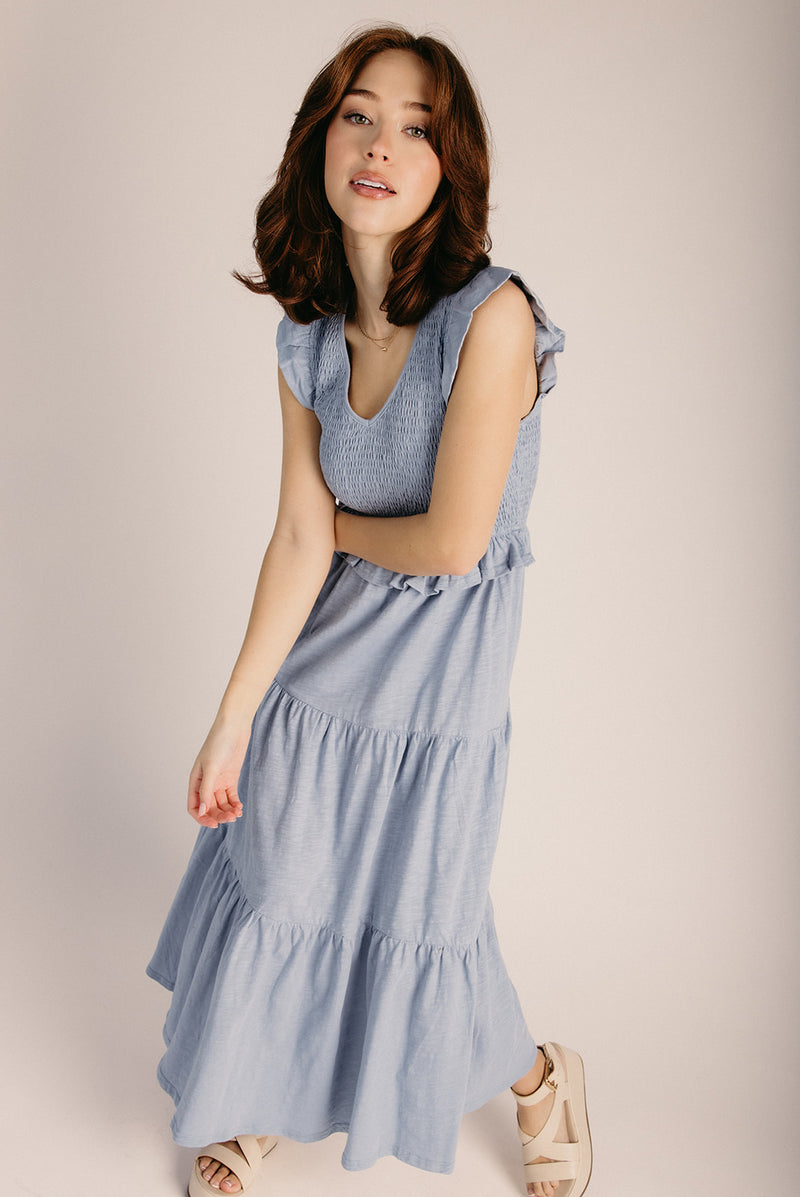 The Renfrow Smocked Midi Dress in Dusty Blue – Piper & Scoot