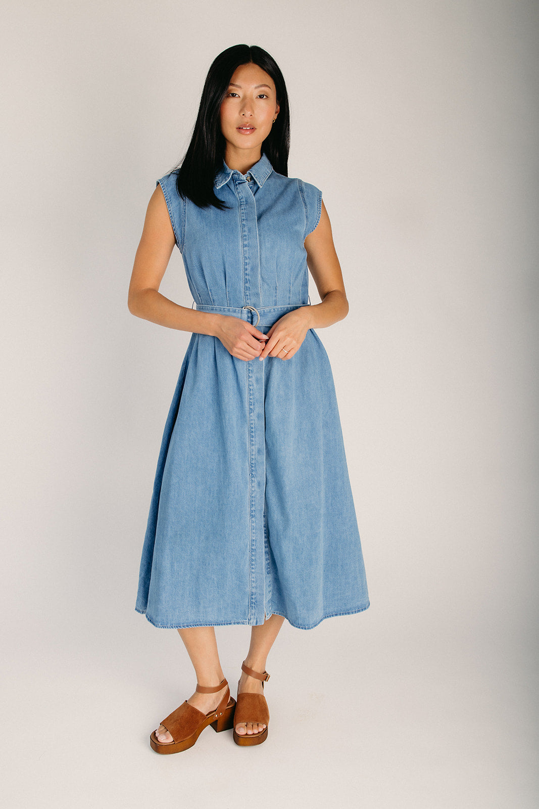 The Horan Button-Down Midi Dress in Denim Large