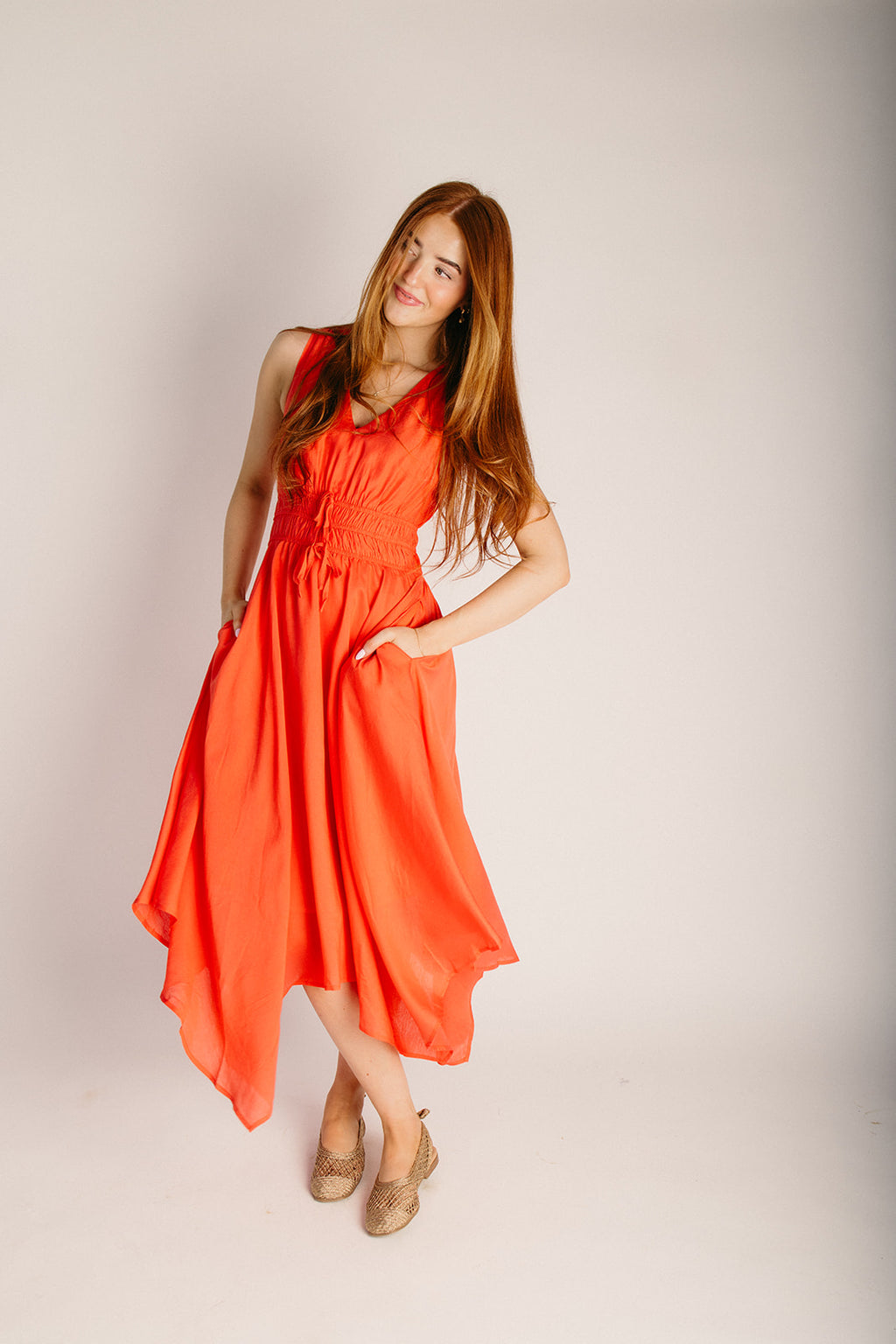 The Zambito Handkerchief Hem Midi Dress in Vermillion Red – Piper