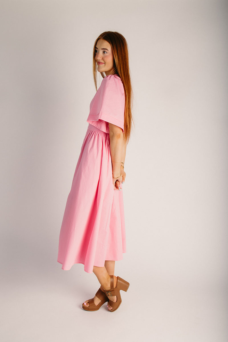 v front midi dress The Virginia Zip-Front Midi Dress in Pink – Piper & Scoot