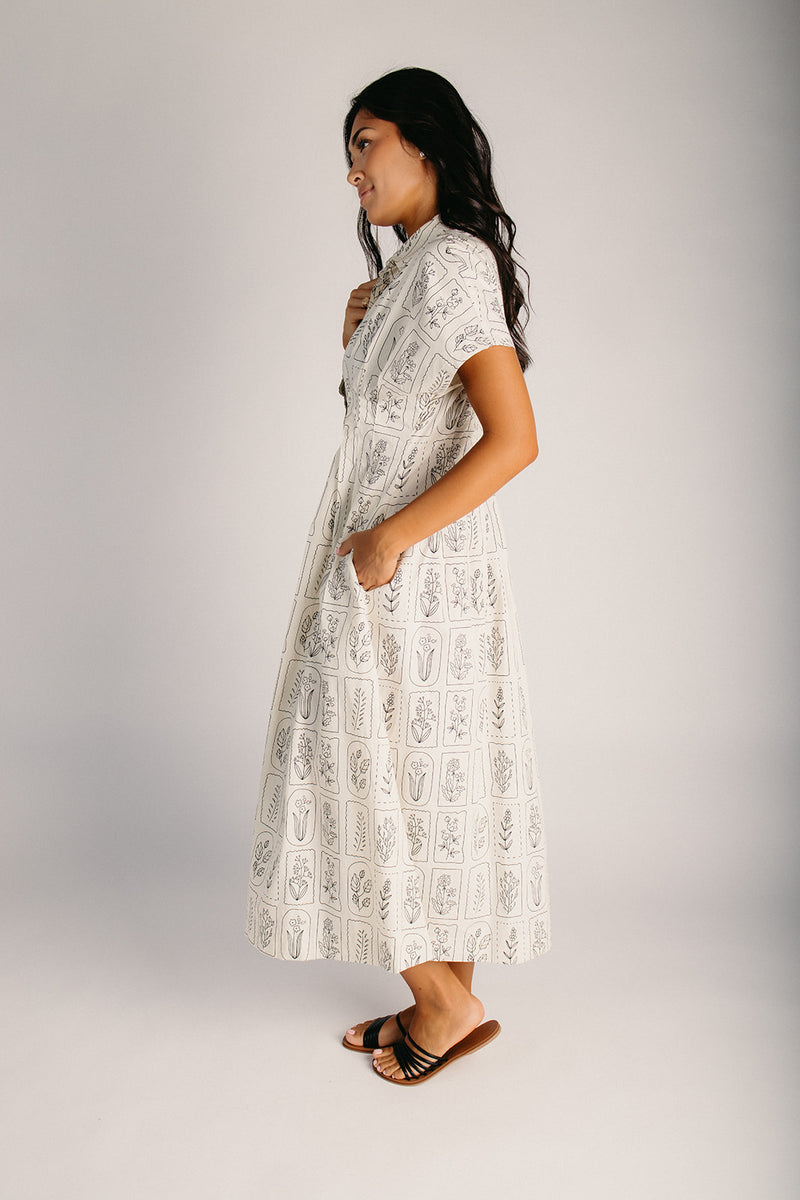 The Dartmouth Printed Button-Up Dress in Beige + Black Large