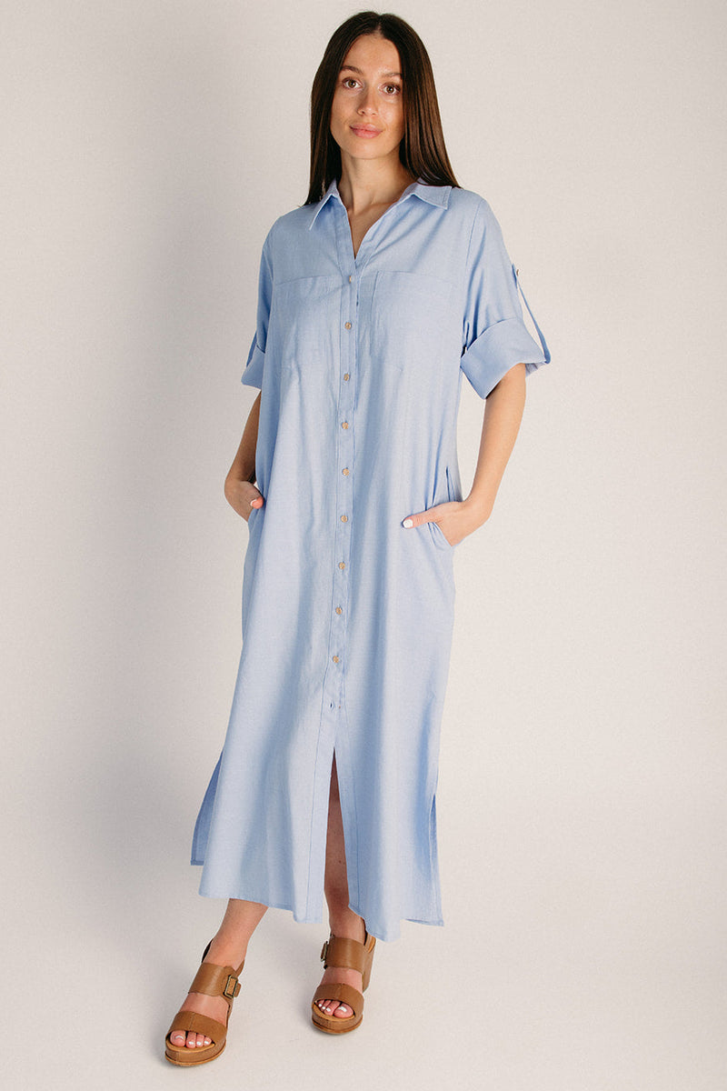 The Covington Button-Up Midi Dress in Blue Small