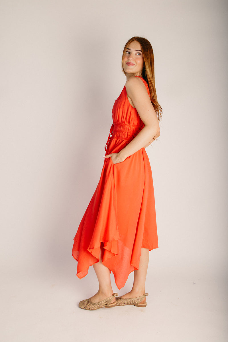 high low hem midi dress The Zambito Handkerchief Hem Midi Dress in Vermillion Red Large