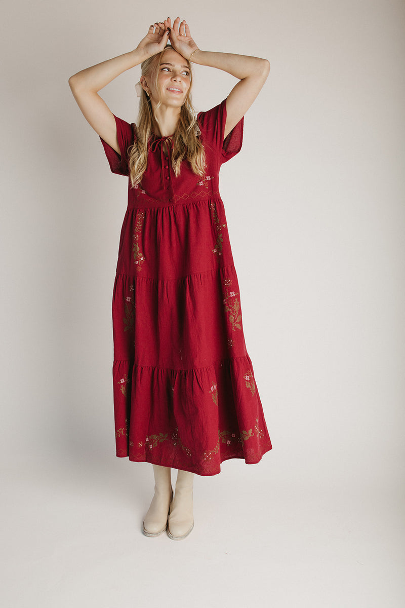 The Albon Flutter Sleeve Midi Dress in Burgundy