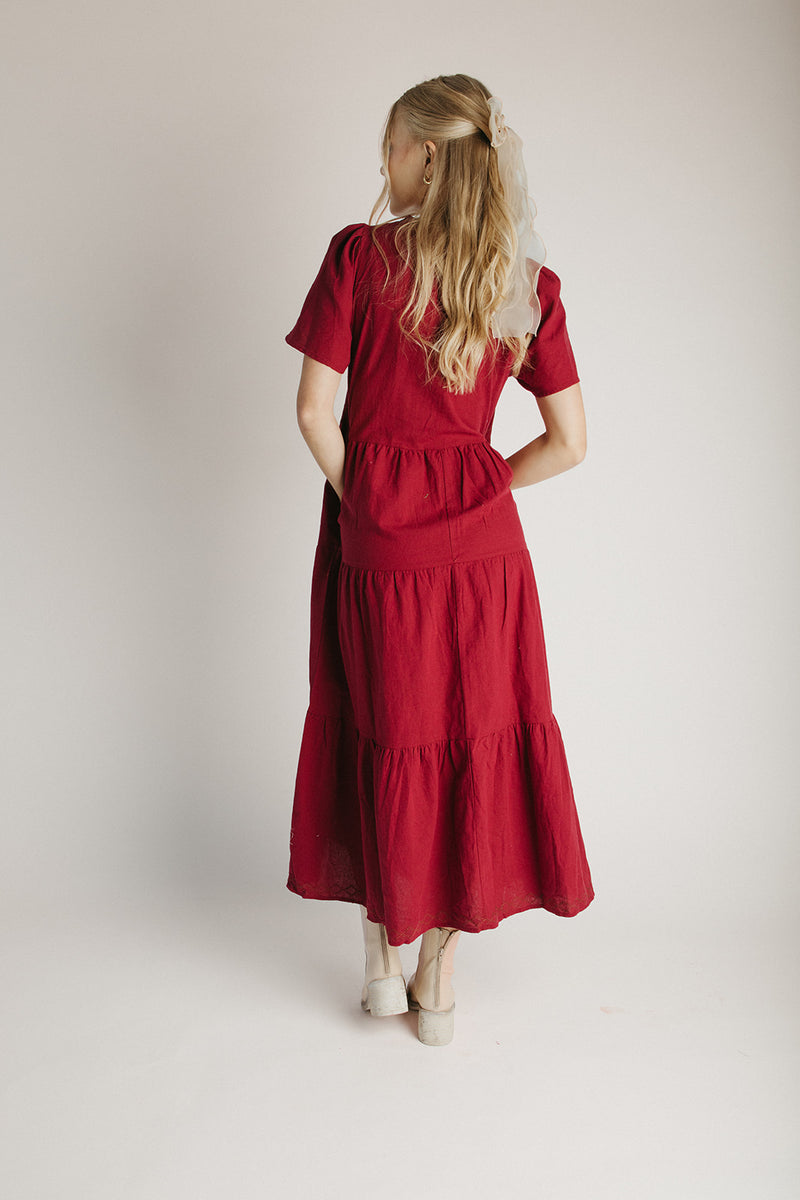 The Albon Flutter Sleeve Midi Dress in Burgundy