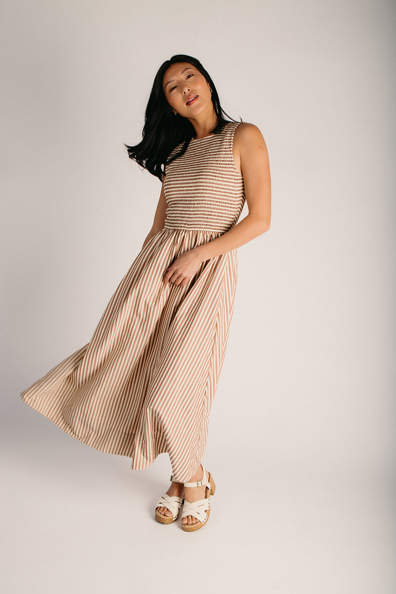 The Sopata Smocked Maxi Dress in Brown Stripe – Piper & Scoot