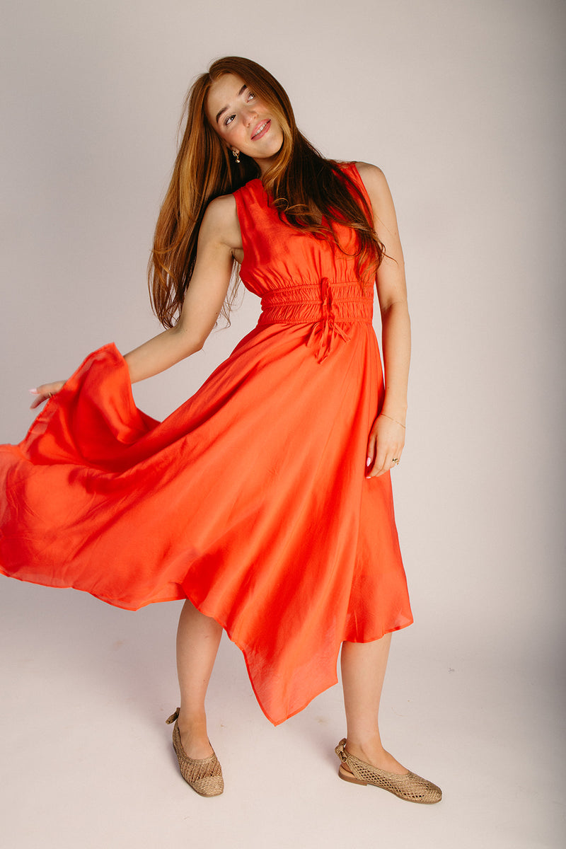 orange handkerchief dress The Zambito Handkerchief Hem Midi Dress in Vermillion Red Medium