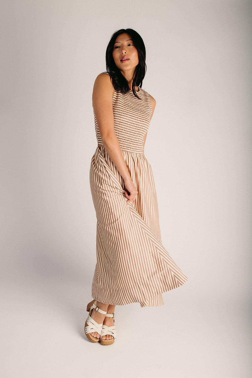 The Sopata Smocked Maxi Dress in Brown Stripe Small