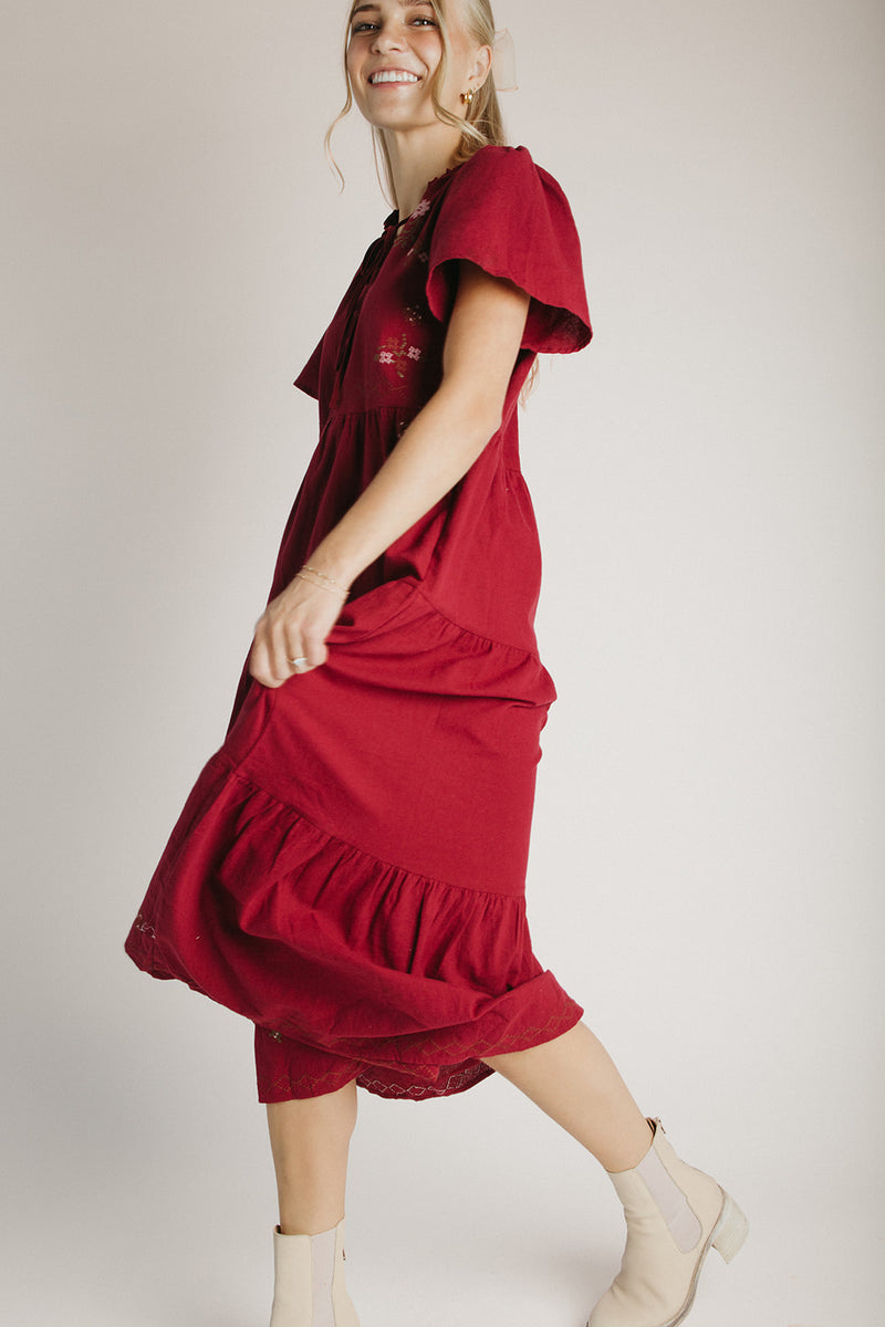 The Albon Flutter Sleeve Midi Dress in Burgundy