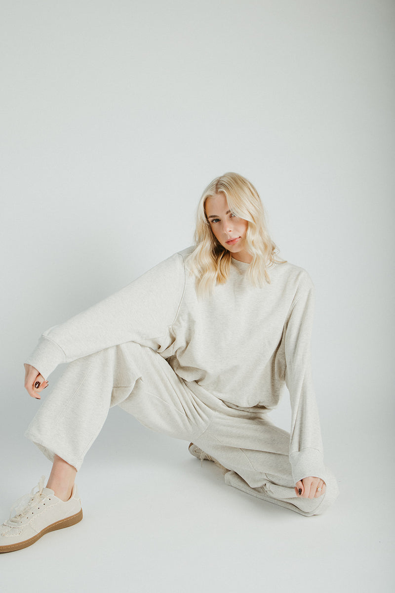 The Goldie Bubble Hem Pullover in Heathered Oat