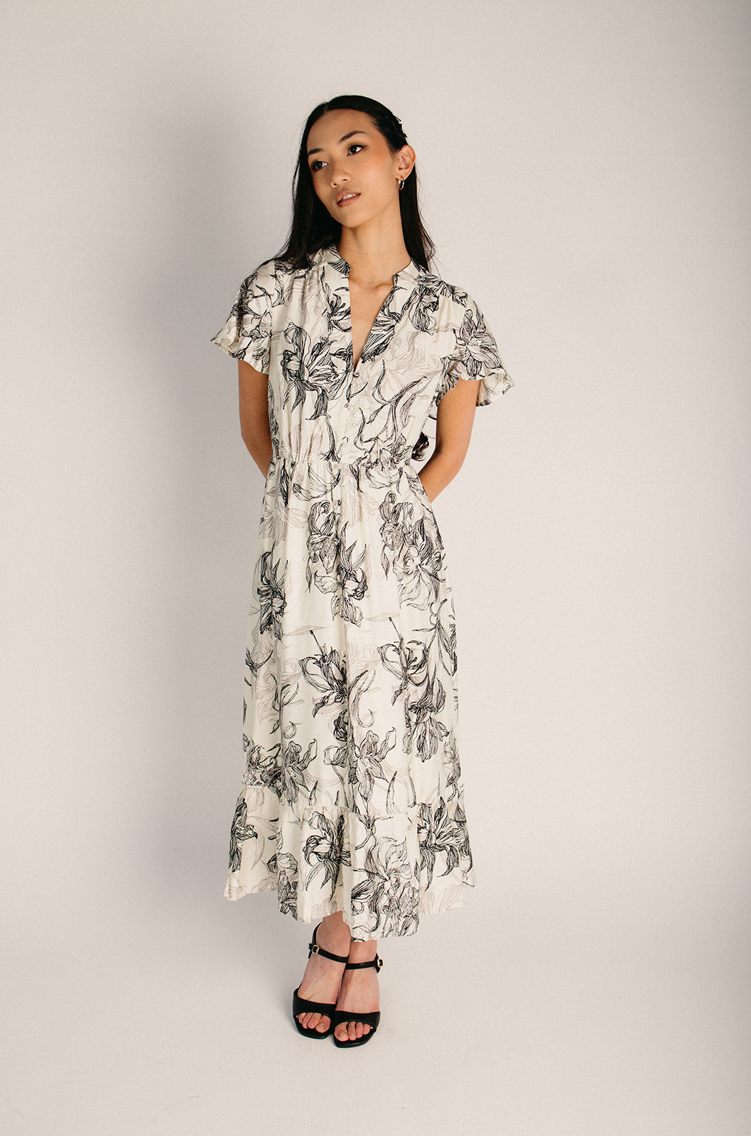 patterned midi dress with sleeves Trendy Sage Floral Midi Dress | Women's Dress
