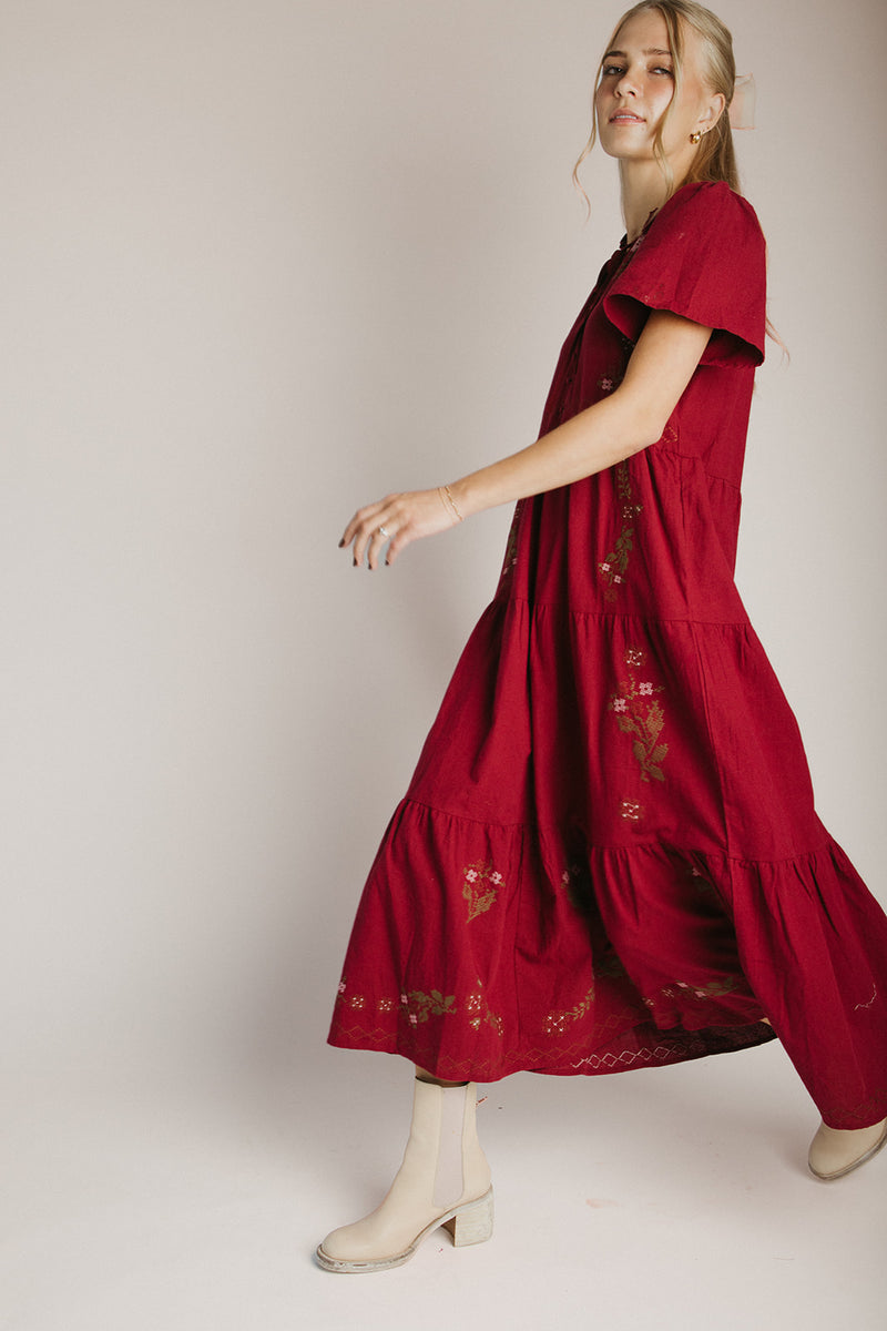 The Albon Flutter Sleeve Midi Dress in Burgundy