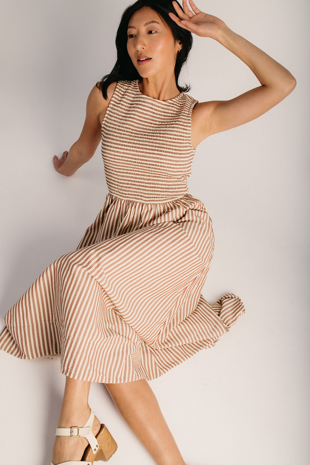 brown striped dress The Sopata Smocked Maxi Dress in Brown Stripe Small