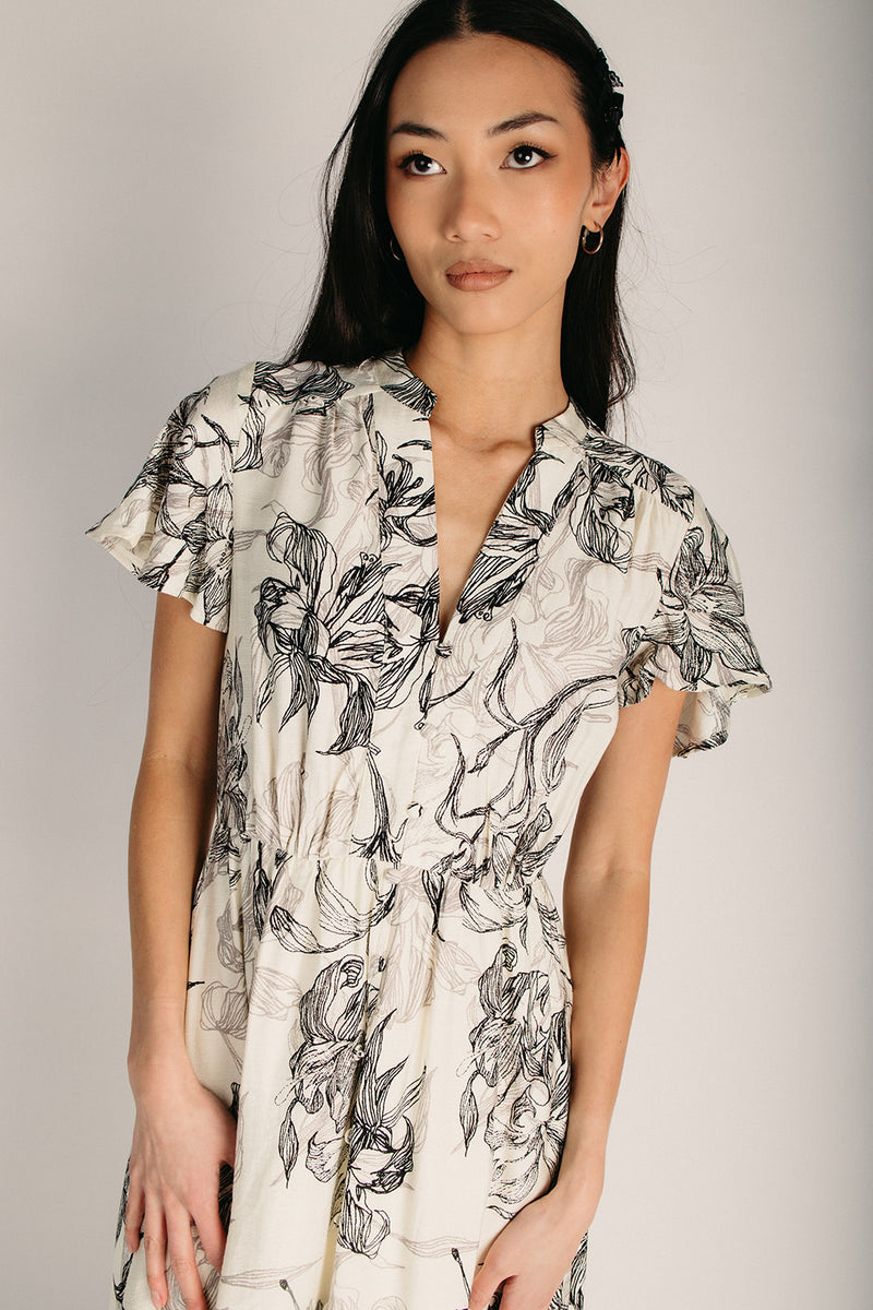 knee length dresses for ladies The Sarah Patterned Midi Dress in Cream Black – Piper & Scoot