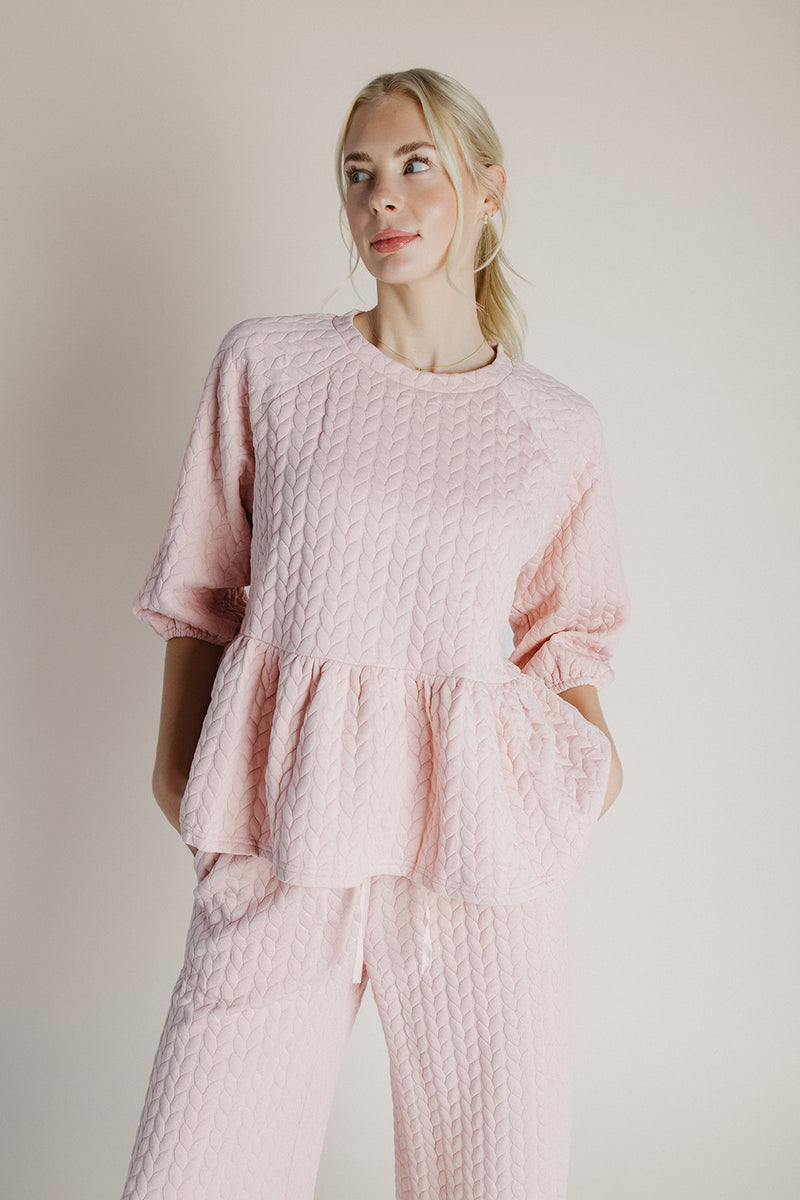 The Rosberg Quilted Peplum + Pant Set in Blush