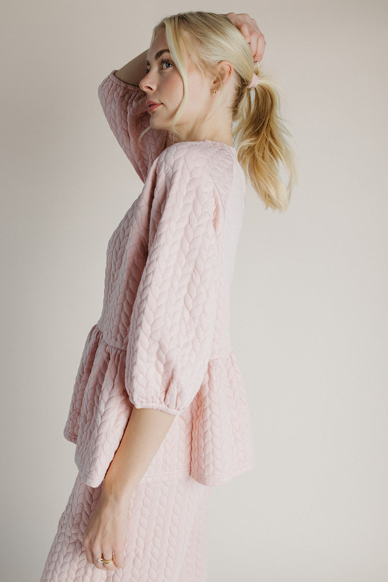 The Rosberg Quilted Peplum + Pant Set in Blush