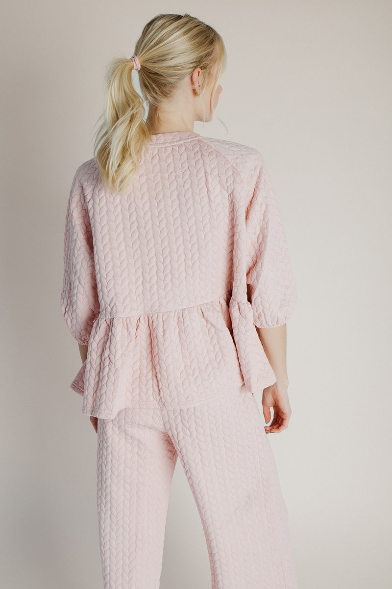 The Rosberg Quilted Peplum + Pant Set in Blush