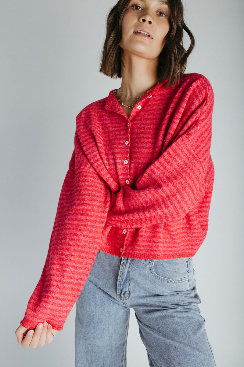 The Riggs Button-Down Sweater in Cherry Red Mini Stripe