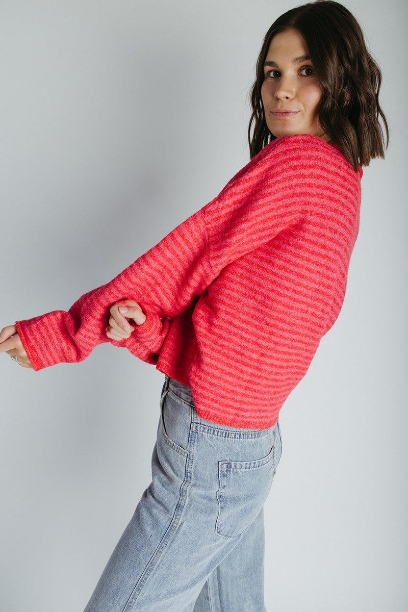 The Riggs Button-Down Sweater in Cherry Red Mini Stripe