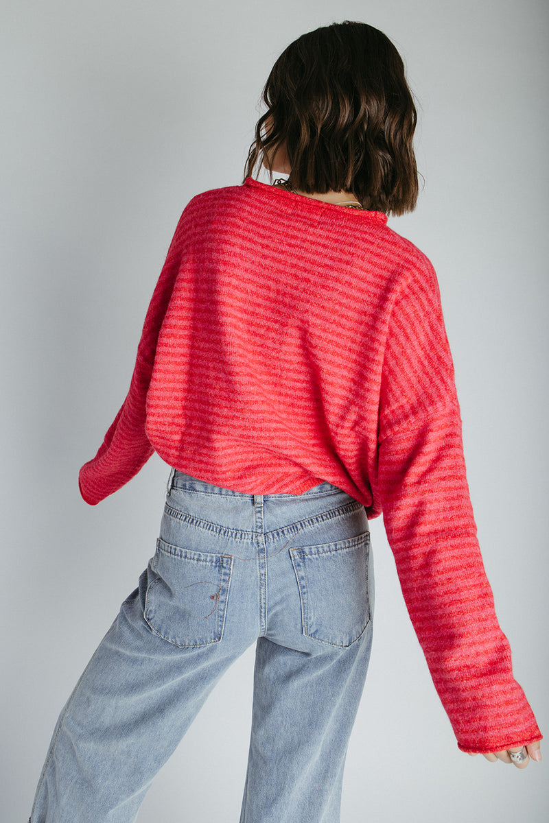 The Riggs Button-Down Sweater in Cherry Red Mini Stripe
