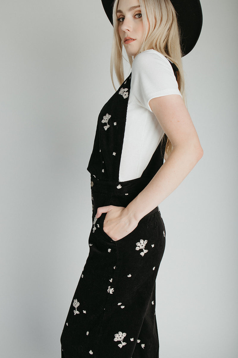 The Ammons Corduroy Embroidered Jumpsuit in Washed Black