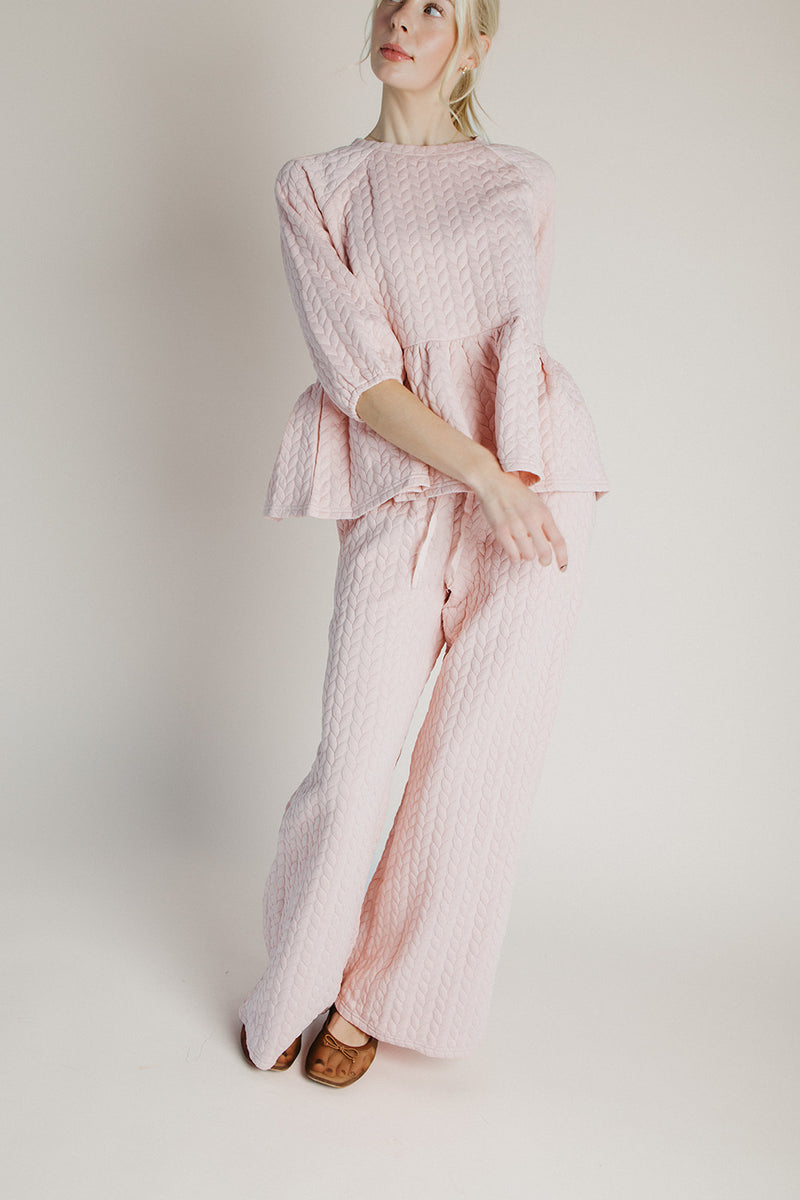 The Rosberg Quilted Peplum + Pant Set in Blush