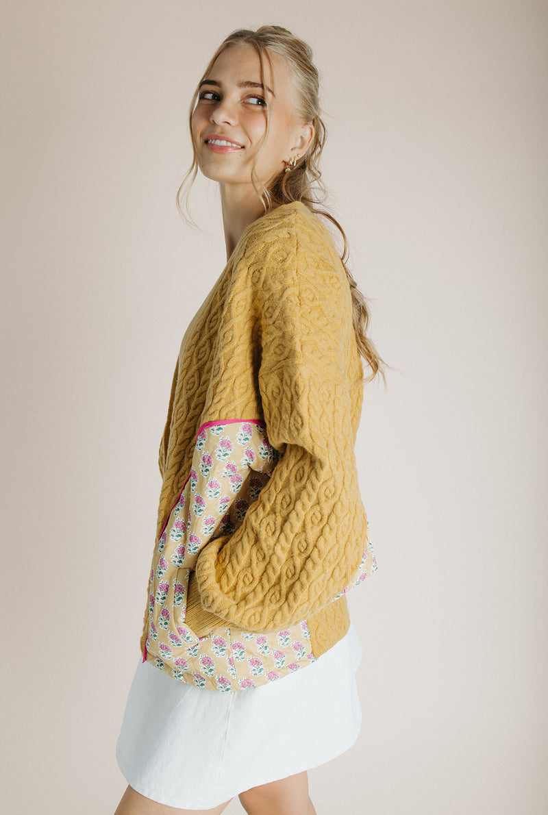 The Alberts Floral Printed Cardigan in Mustard + Pink