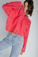 The Riggs Button-Down Sweater in Cherry Red Mini Stripe