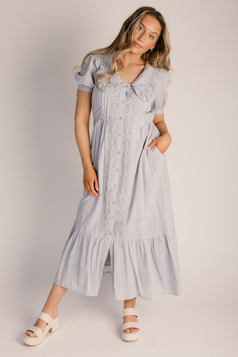The Vandalia Ruffle Collared Maxi Dress in Misty Blue – Piper & Scoot