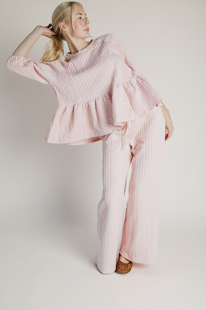 The Rosberg Quilted Peplum + Pant Set in Blush