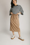 The Sloane Lace Trim Midi Skirt in Soft Mocha